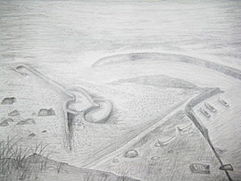 Miss Chen drew the landmark stone fishtrap of her native island, the Qimei Island, i.e., 'the 
			Seven Beauties Island'